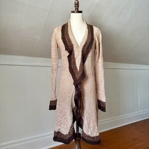 Allison Brittney Women's Cardigan Sweater Knit Ruffle Duster Beige XL